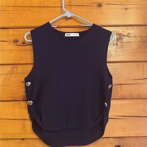 Zara Navy Sleeveless Top with Side Button Accents